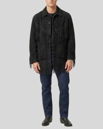Midnight Black Suede Fringe Cowboy Jacket for Men
