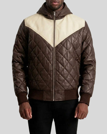 Men’s Dark Brown & Ivory Quilted Hooded Leather Jacket