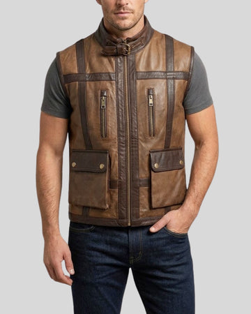Rustline Waxed Brown Leather Utility Vest for Men