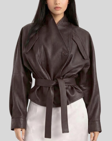 Sculpted Drape Dark Brown Leather Wrap Jacket