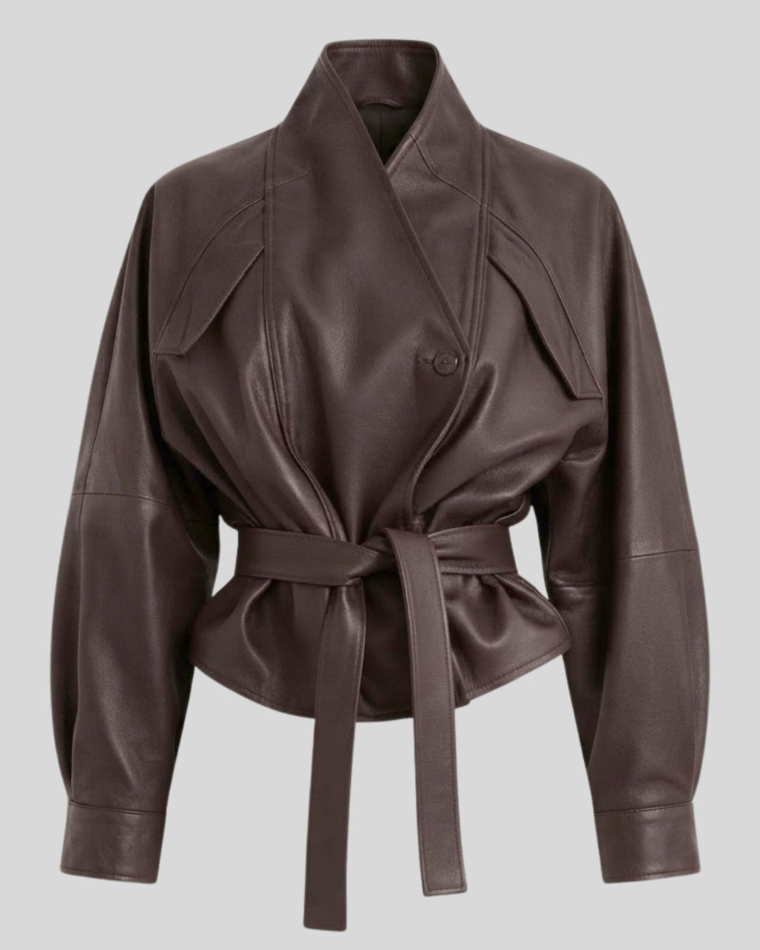 Sculpted Drape Dark Brown Leather Wrap Jacket