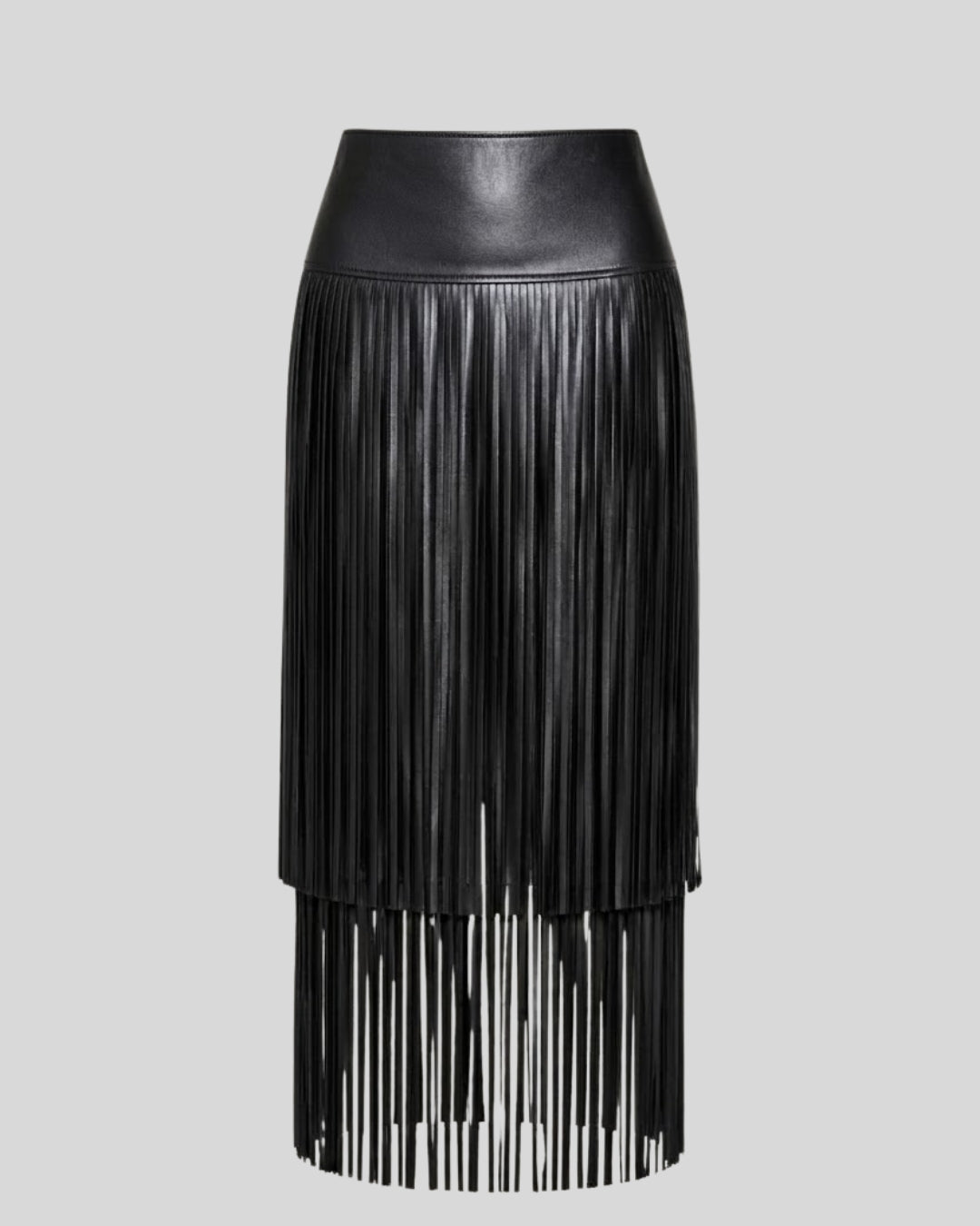 Midnight Sway Black Leather Fringe Midi Skirt