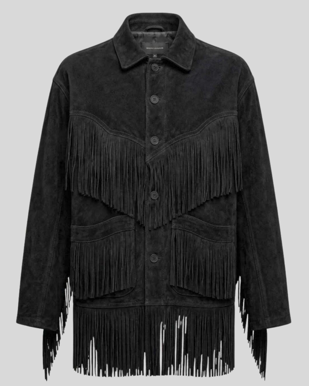 Midnight Black Suede Fringe Cowboy Jacket for Men