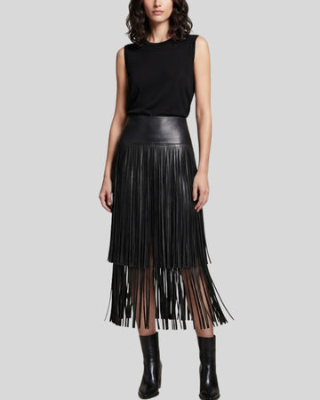 Midnight Sway Black Leather Fringe Midi Skirt