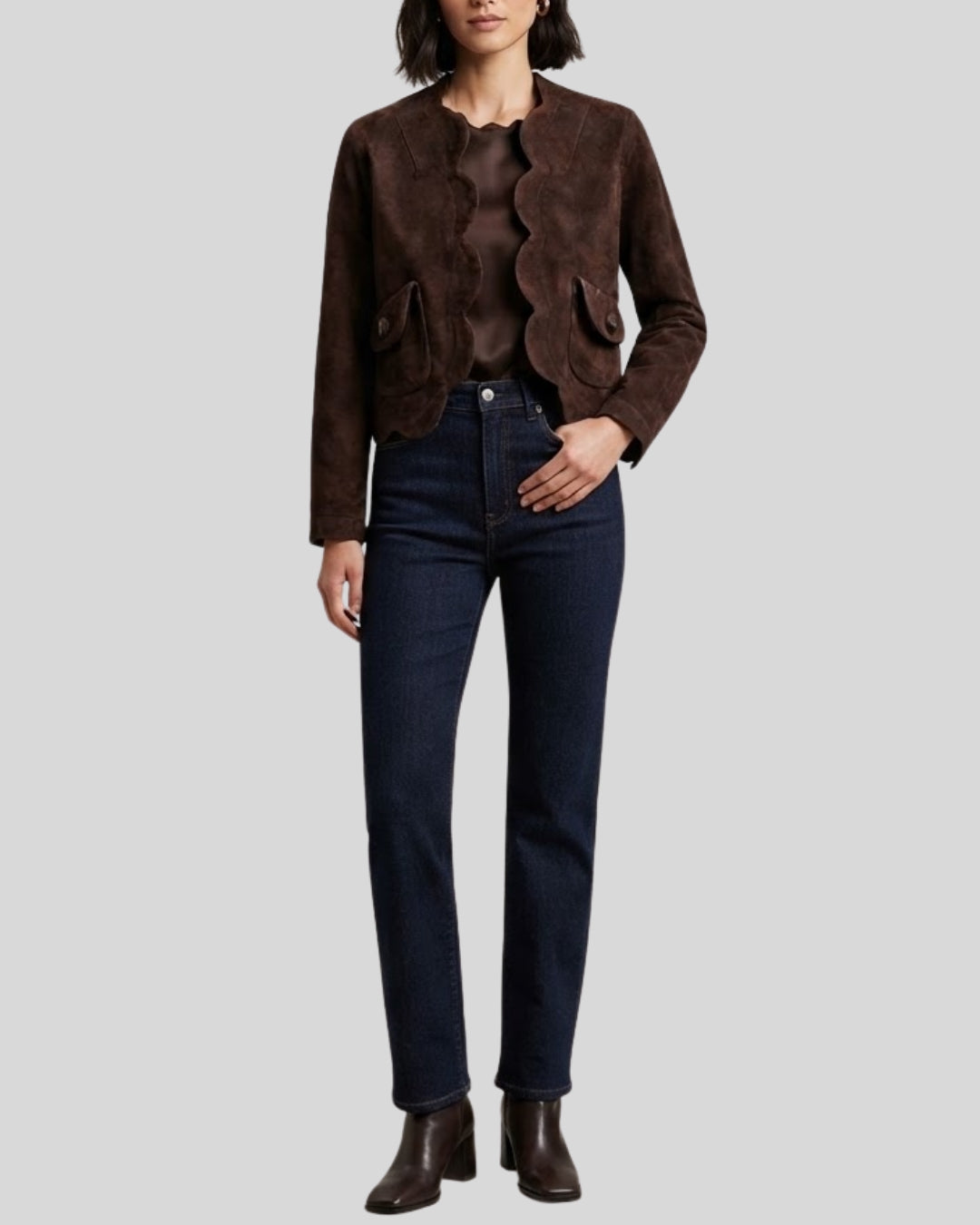 Cocoa Scallop Dark Brown Suede Jacket