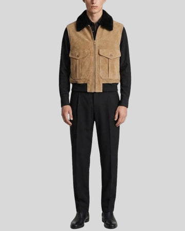 Alder Tan Suede Shearling Utility Vest for Men