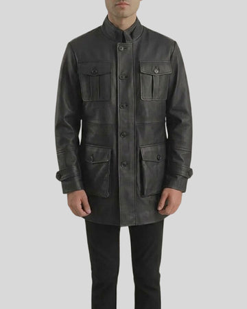 Noir Guard Black Leather Military Field Coat for Men