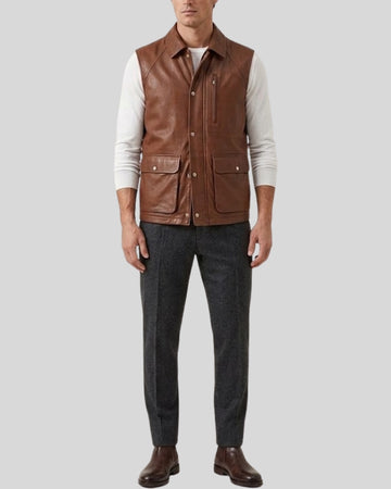 Bramwell Cognac Brown Leather Utility Vest for Men