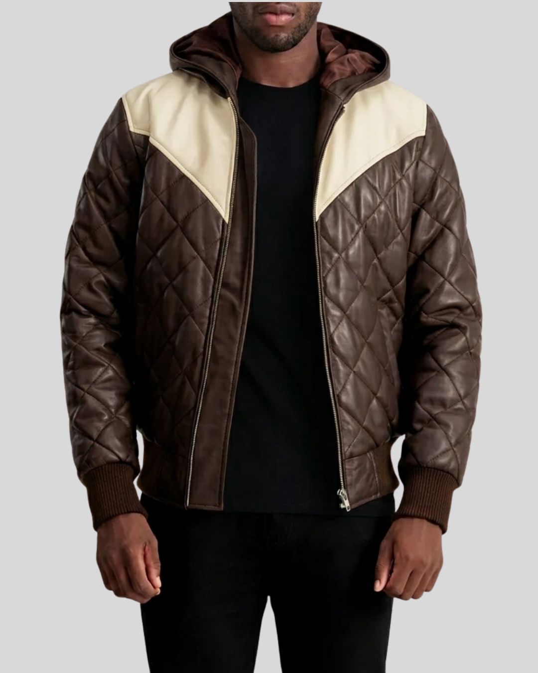 Men’s Dark Brown & Ivory Quilted Hooded Leather Jacket