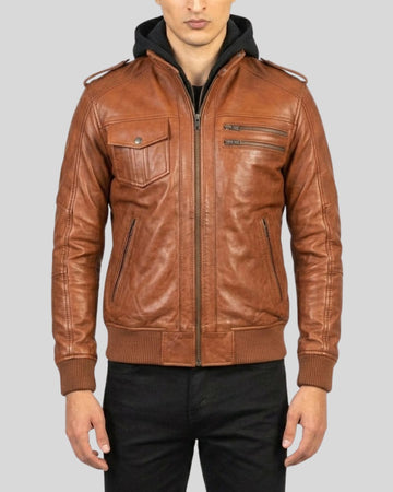 Men’s Brown Hooded Leather Bomber Jacket