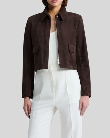 Noir Cocoa Cropped Brown Suede Jacket for Women
