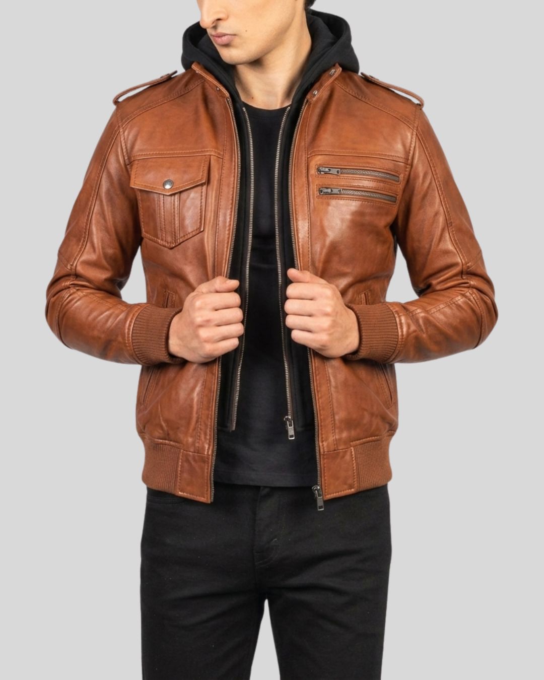 Men’s Brown Hooded Leather Bomber Jacket