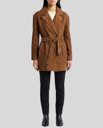 Aurelia Brown Suede Belted Trench Coat for Women