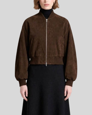 Elara Dark Brown Suede Cropped Bomber Jacket for Women
