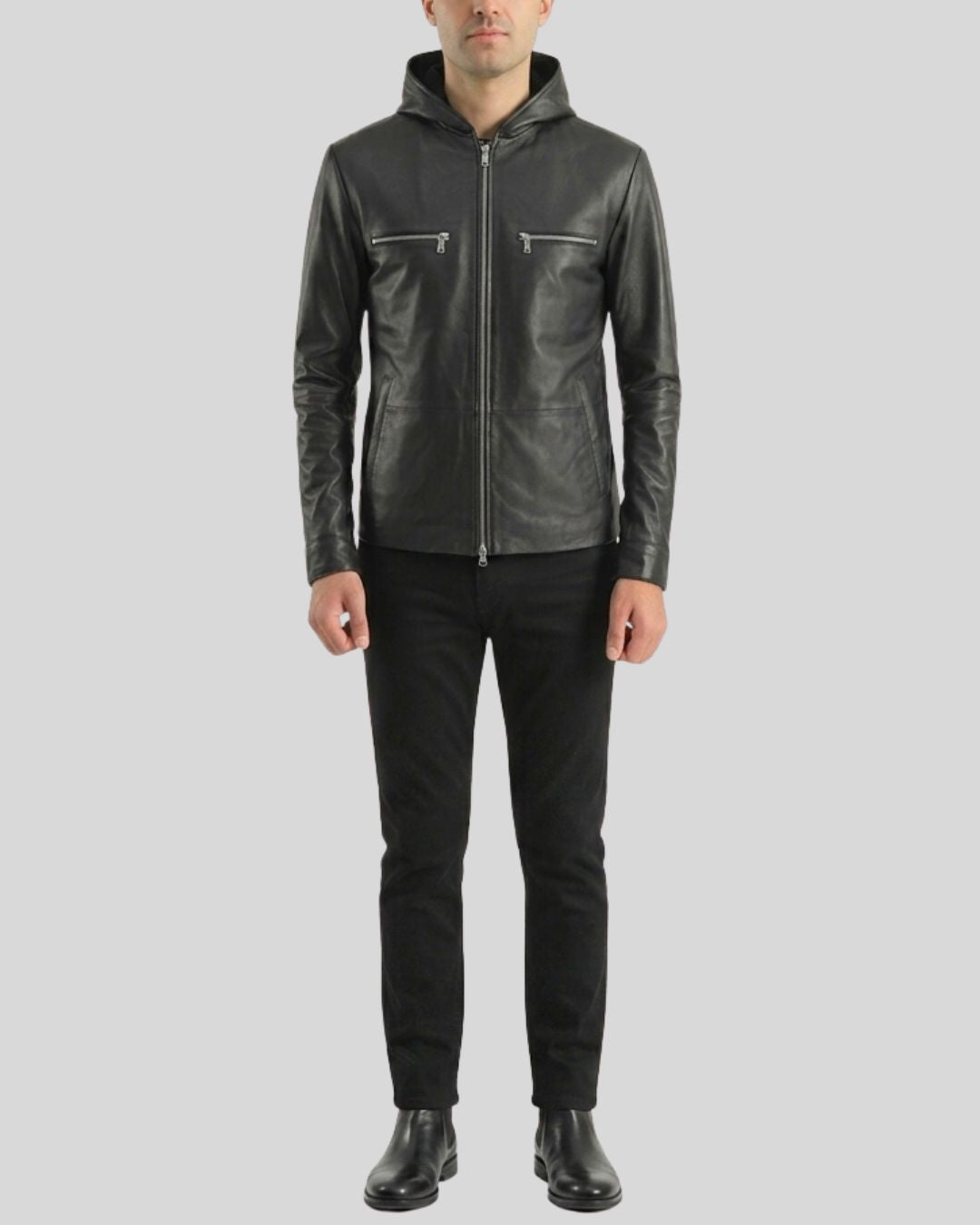 Men’s Black Hooded Leather Jacket