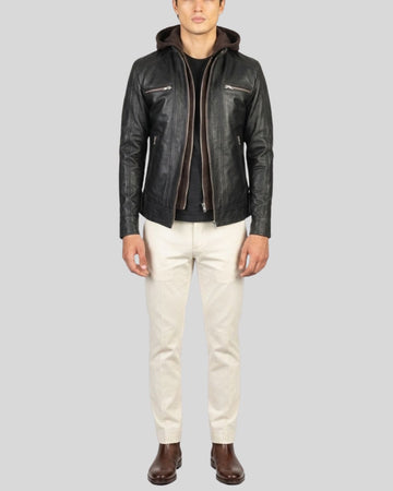 Black Hooded Leather Jacket For Men's
