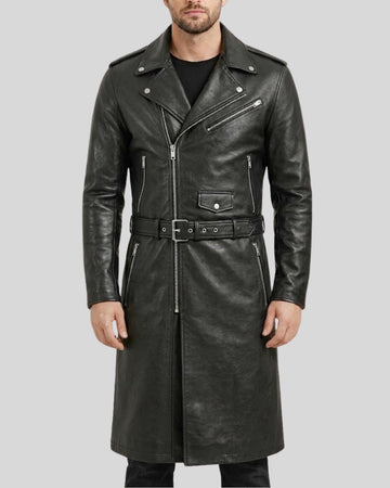 Men’s Black Belted Biker Leather Coat