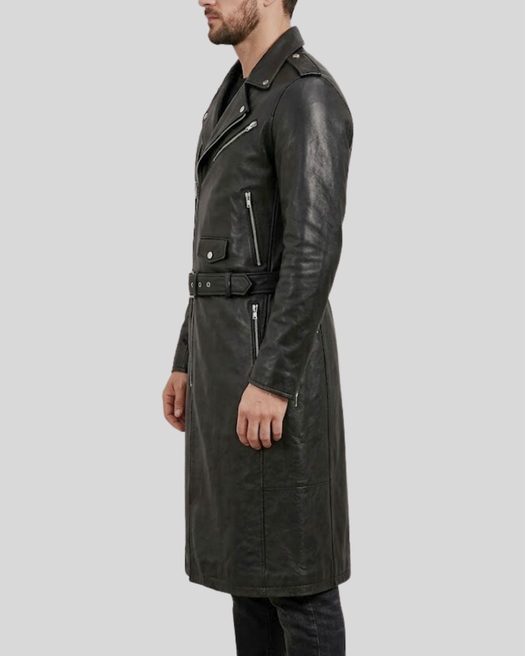 Black Leather Belted Biker Coat