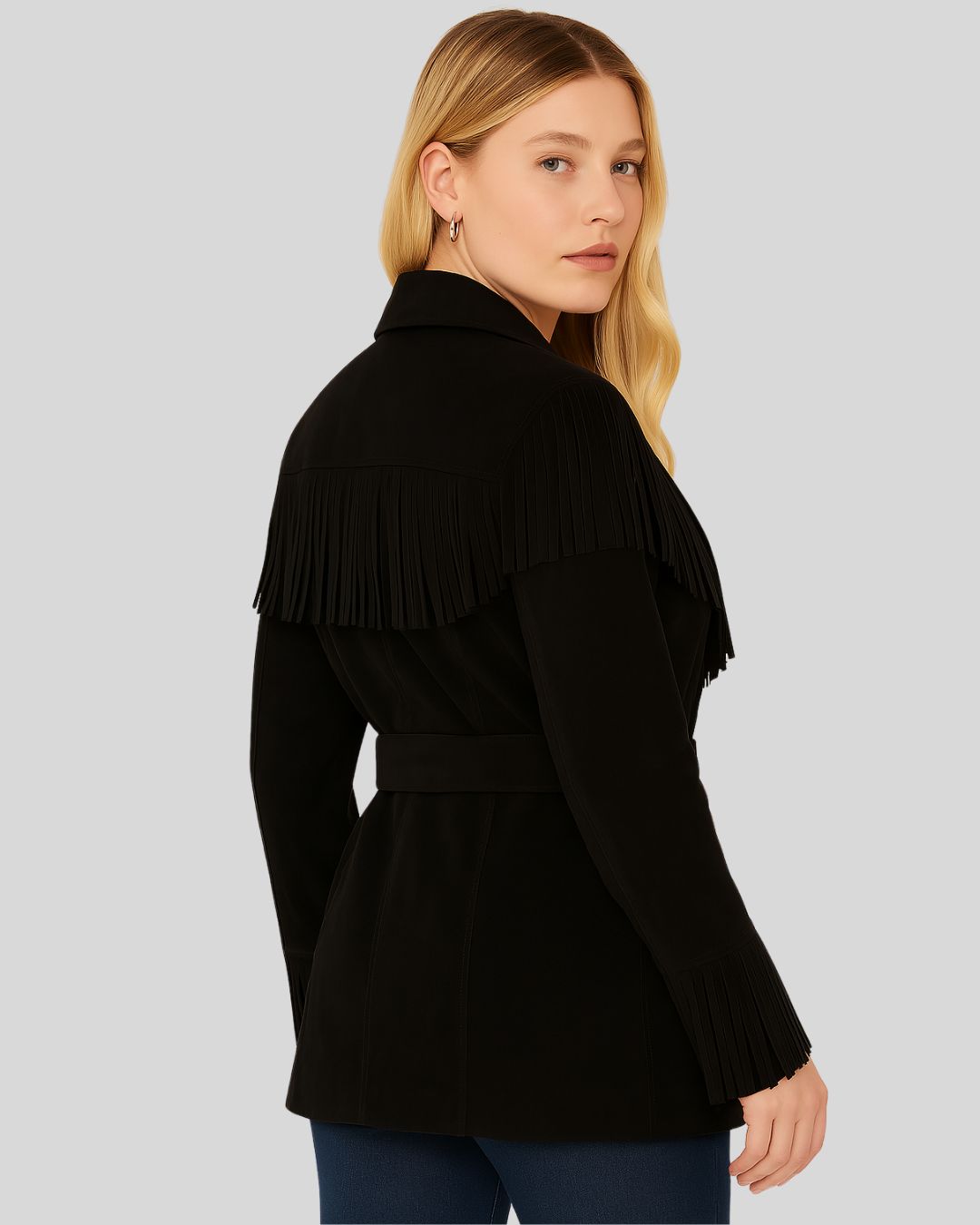  Front view of women's black suede fringe jacket with belt and flap pockets
