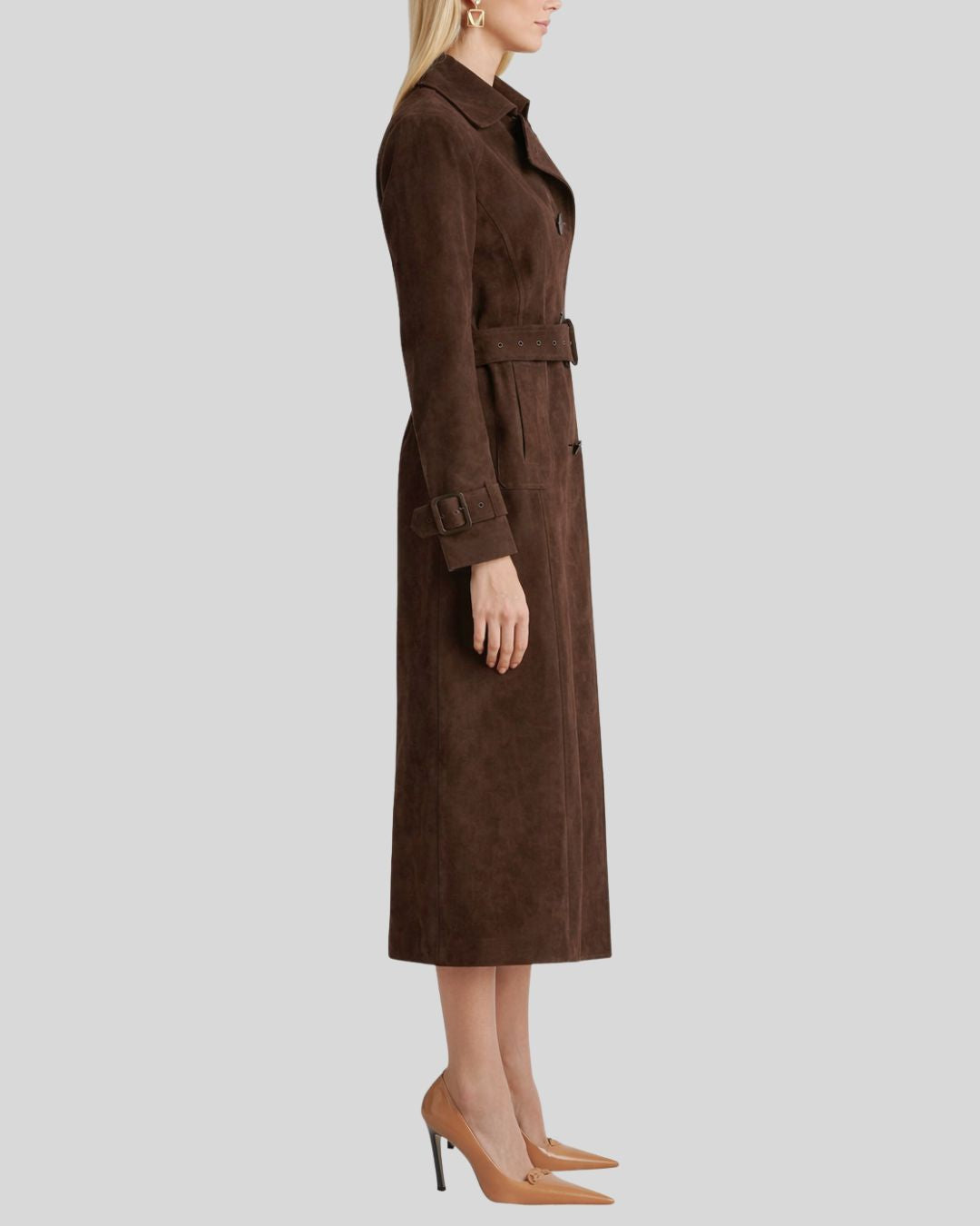 Mocha Brown Suede Trench Coat For Women – Front View