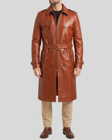 Cognac Valor Brown Leather Belted Trench Coat for Men