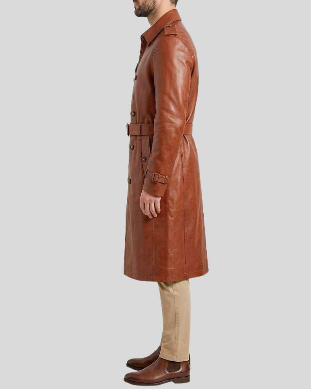 Cognac Brown Leather Belted Trench Coat