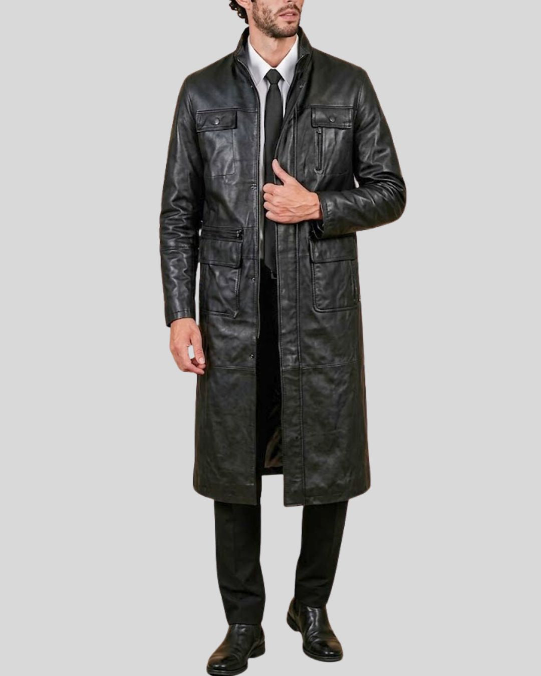 Black Cowhide Leather Utility Coat