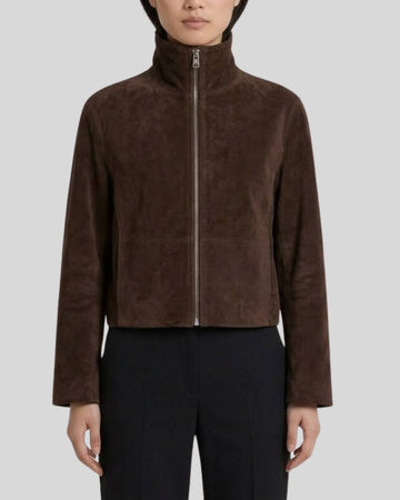Noelle Dark Brown Suede High Neck Jacket for Women