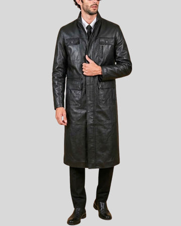 Black Cowhide Leather Utility Trench Coat for Men