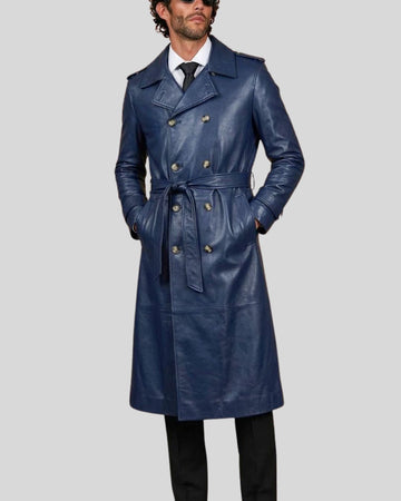 Blue Double Breasted Leather Trench Coat for Men