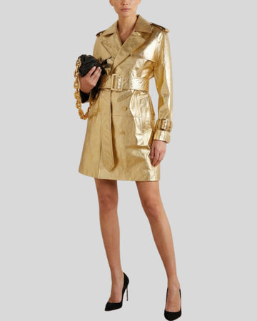 Aurum Muse Gold Metallic Leather Belted Trench Coat for Women
