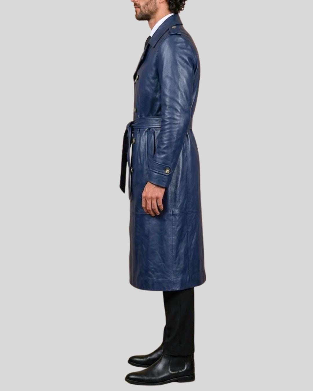 Blue Double Breasted Leather Trench Coat