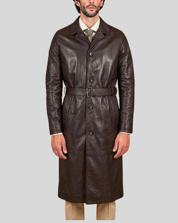 Oxford Line Dark Brown Leather Belted Trench Coat for Men