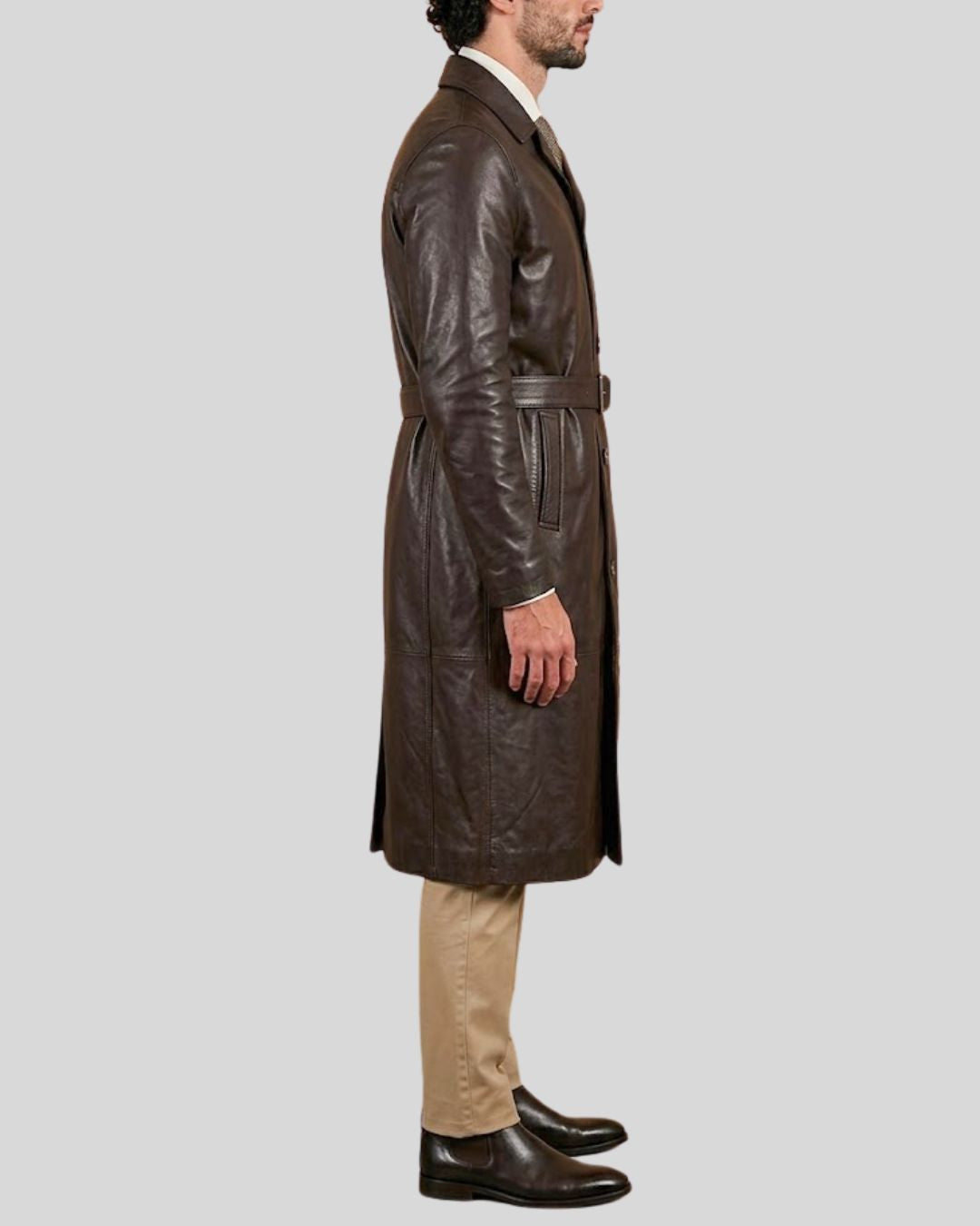 Oxford Line Dark Brown Leather Belted Coat