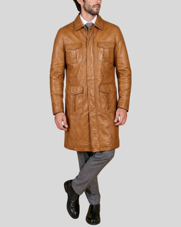 Carter Field Brown Leather Long Coat for Men
