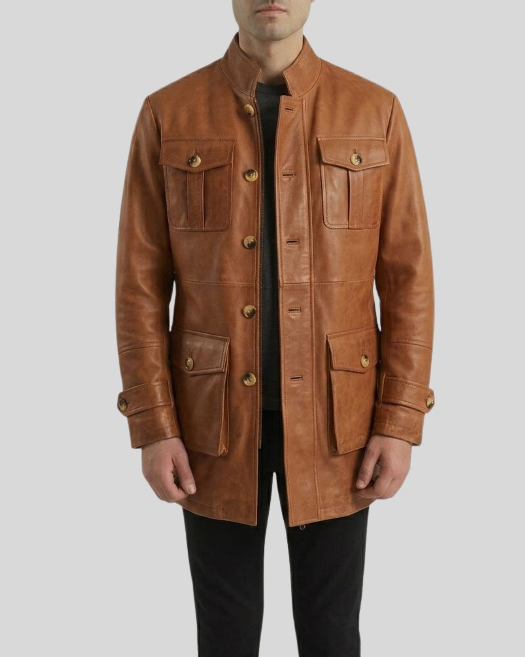 Cavalry Line Caramel Brown Leather Military Field Coat for Men