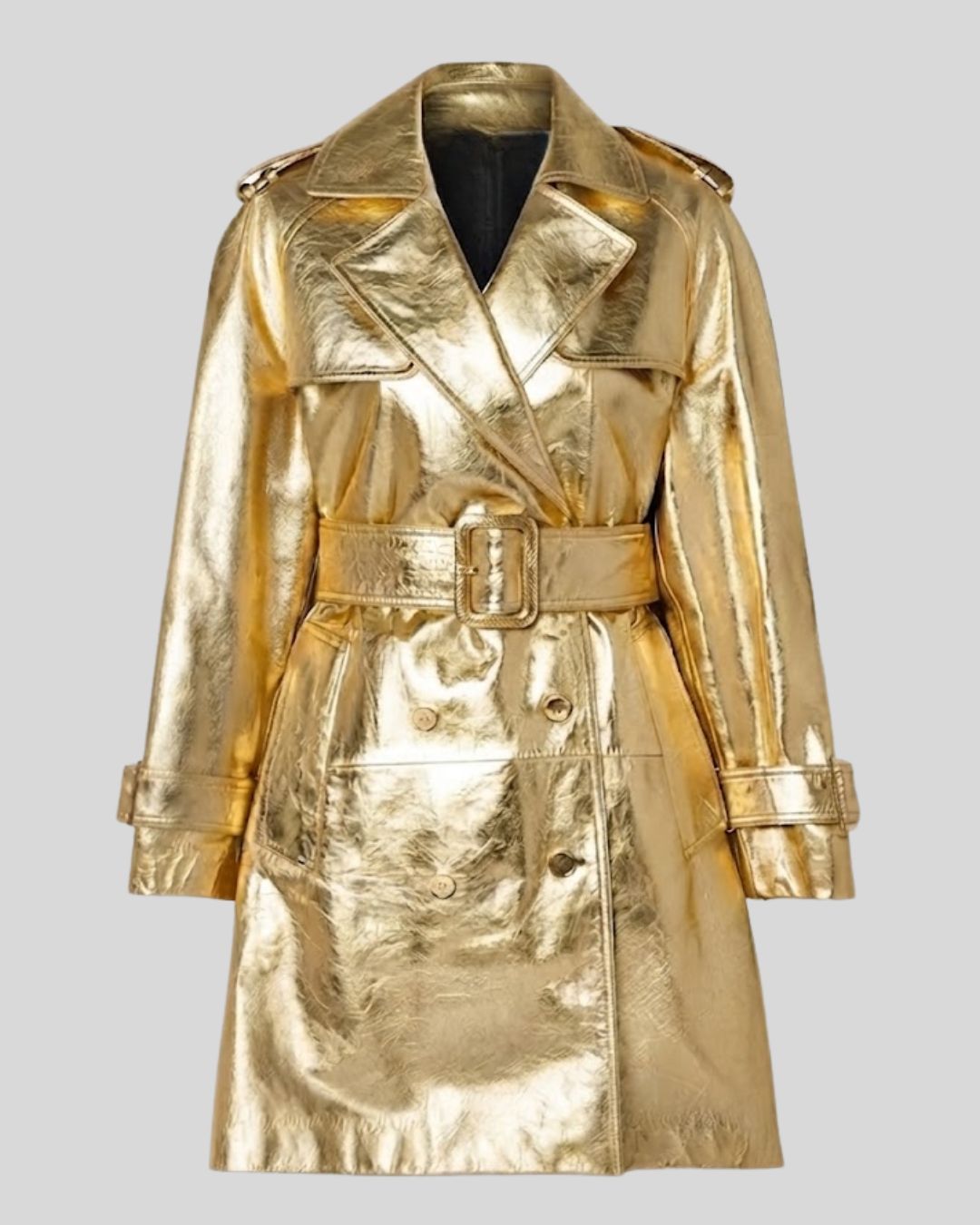 Aurum Gold Metallic Leather Belted Coat