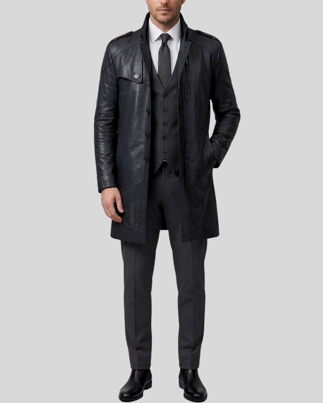 Night Sentinel Black Leather Coat