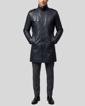 Night Sentinel Black Leather Military Coat for Men