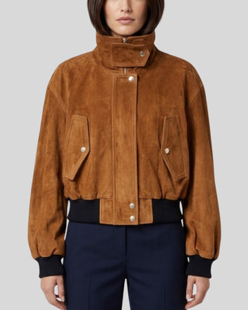 Sierra Cognac Women’s Suede Cropped Bomber Jacket