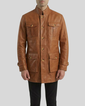 Cavalry Line Caramel Brown Leather Military Field Coat for Men