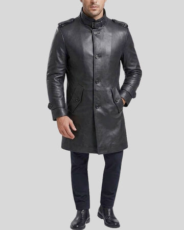 Sentinel Buckle Neck Black Calf Leather Coat for Men