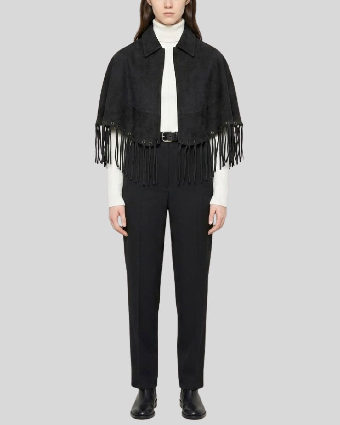 Buck Black Suede Fringe Cape