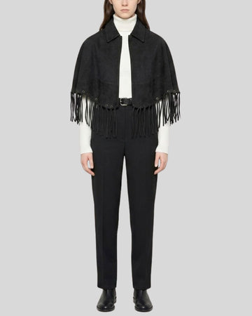 Noir Fringe Black Suede Cape for Women