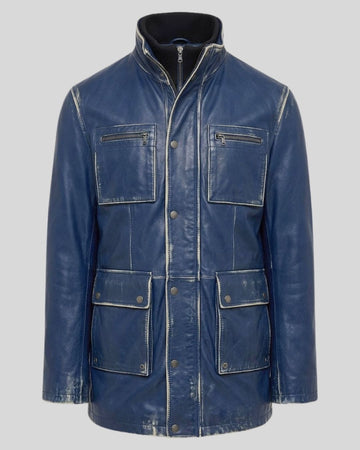 Blue Patina Waxed Leather Field Jacket for Men
