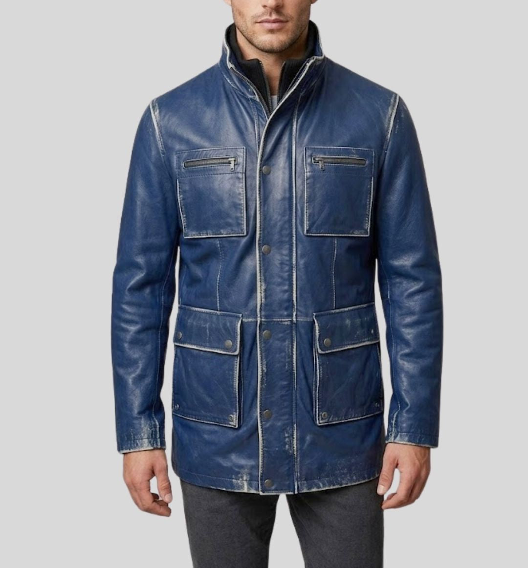 Blue Patina Waxed Leather Field Jacket