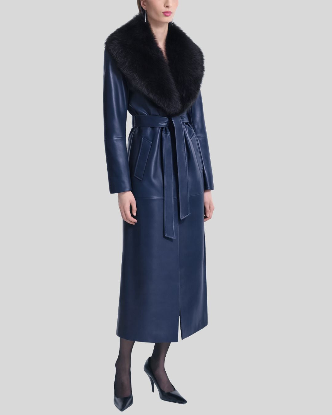 Angled view of blue faux fur leather trench coat