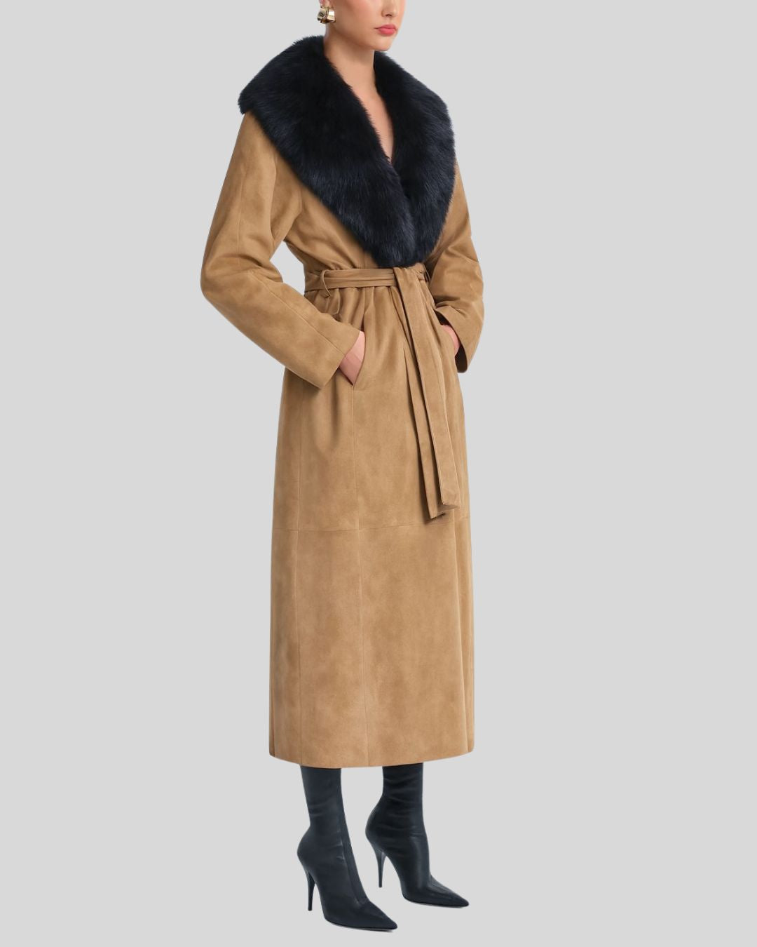 Long Suede Coat with Faux Fur – Side Angle