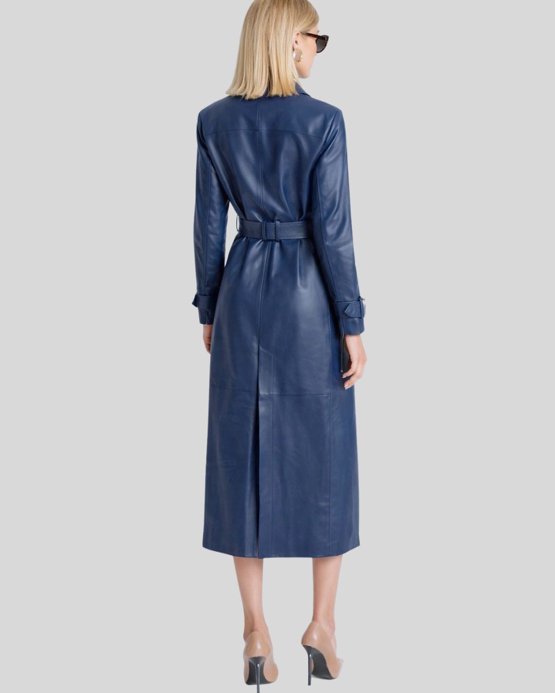 Belted Blue Leather Trench Coat – Back View