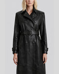 Close-up front of belted black leather trench coat for women